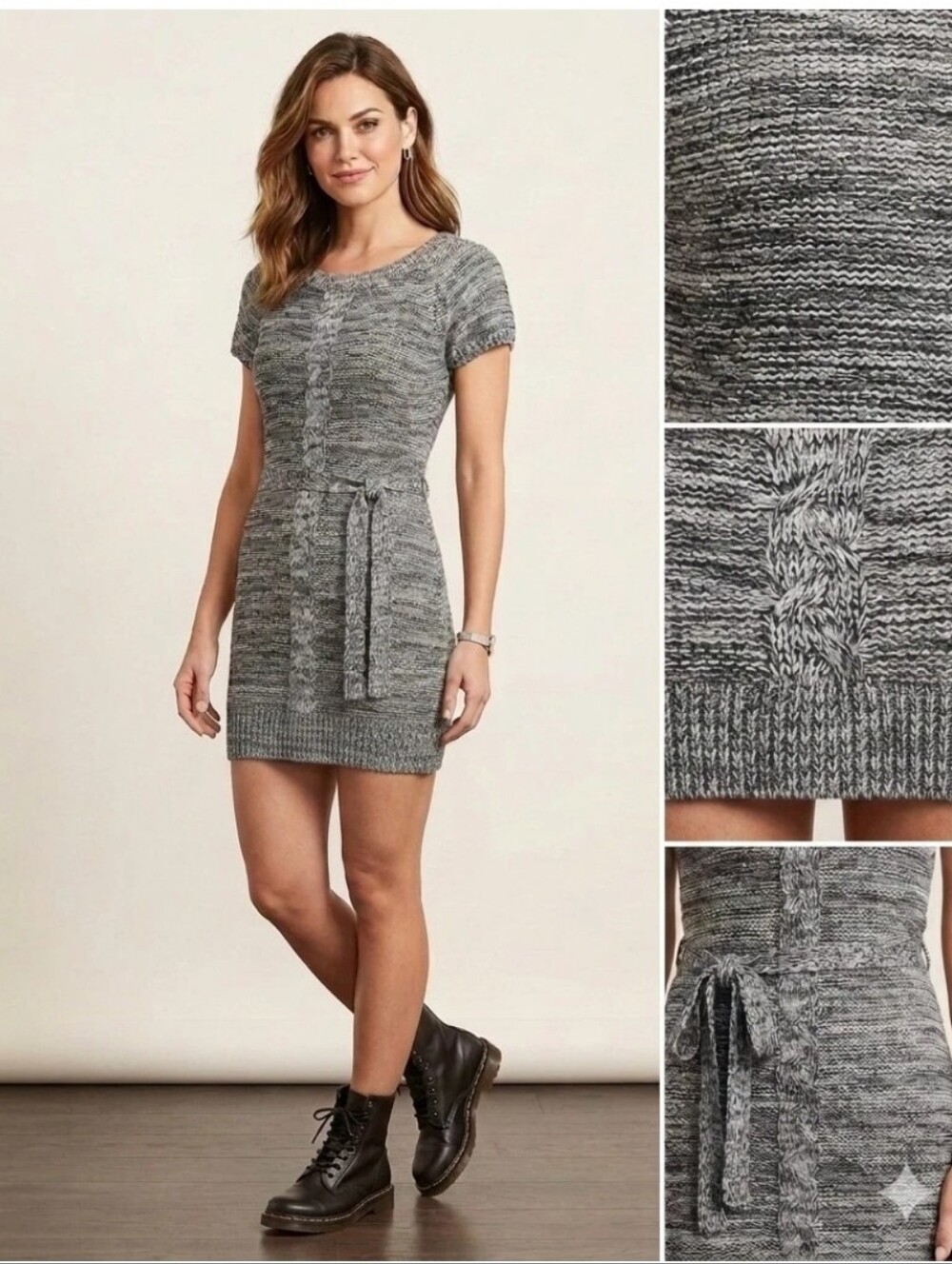 Y2K Lei Sweater Dress M Gray Marled Cable Knit Belted Tunic Boho Indie Sleaze